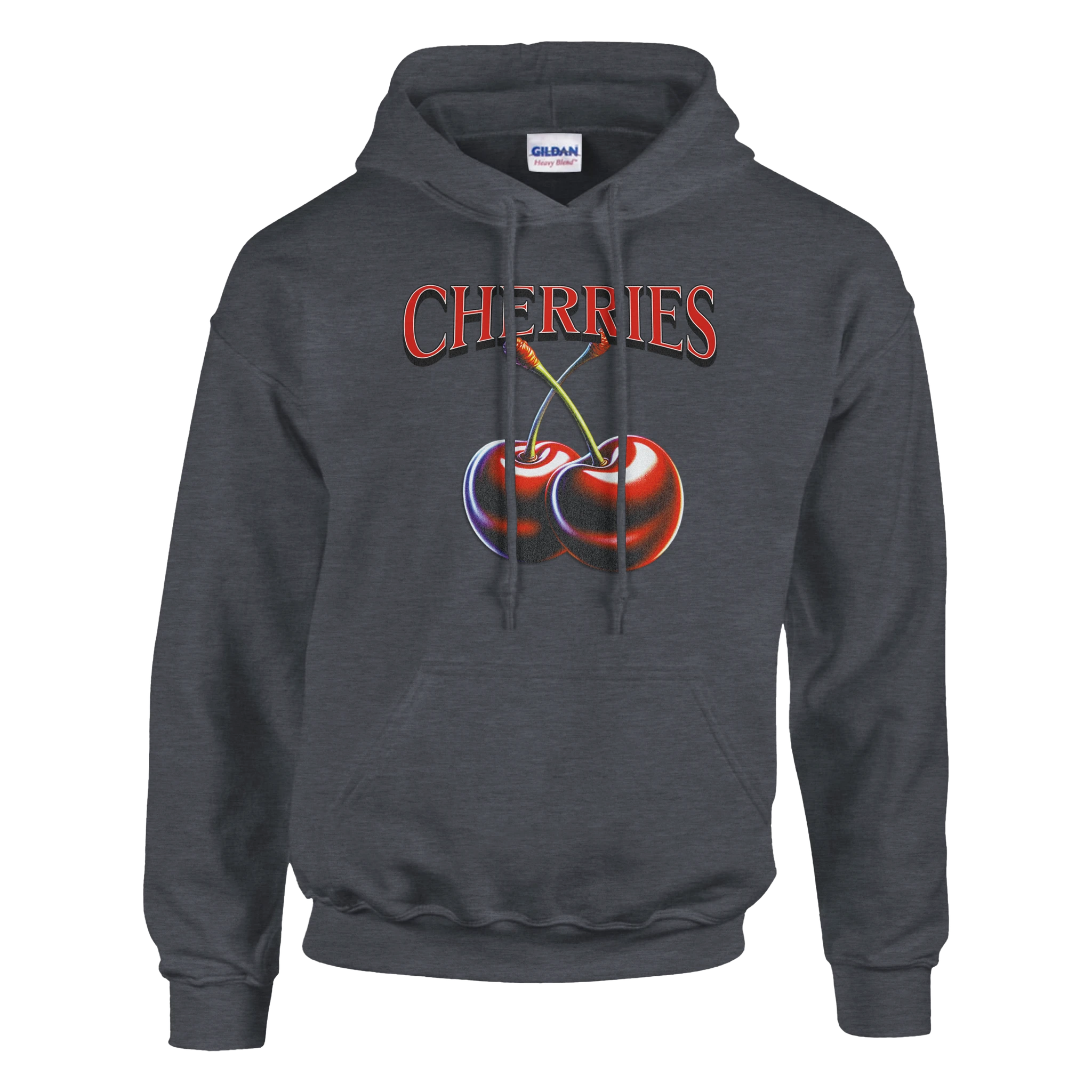 Women's Y2K Cherries Hoodie featuring red CHERRIES text and two cherries on a dark charcoal fabric, retro cozy.