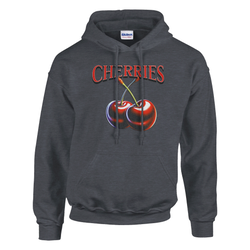 Women's Y2K Cherries Hoodie featuring red CHERRIES text and two cherries on a dark charcoal fabric, retro cozy.