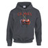 Women's Y2K Cherries Hoodie featuring red CHERRIES text and two cherries on a dark charcoal fabric, retro cozy.