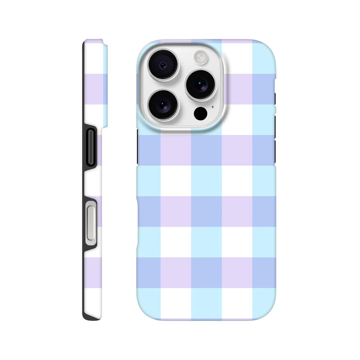 Pastel blue, lavender, and white gingham tough iPhone case with shock-absorbing protection and cute checkered pattern.