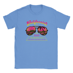 Y2K California Beach T-shirt for Women on blue, retro neon sunglasses with palm design