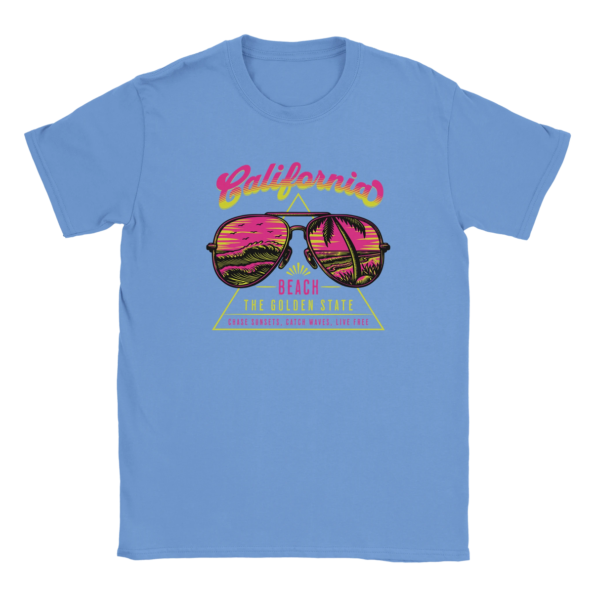 Y2K California Beach T-shirt for Women on blue, retro neon sunglasses with palm design