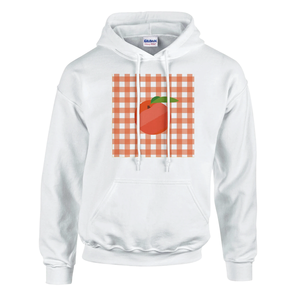 White hoodie featuring a retro peach graphic on a peach gingham background for vintage streetwear style.