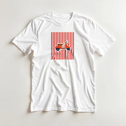 White t-shirt featuring a retro orange scooter graphic on red and white vertical stripes for vintage mod streetwear.