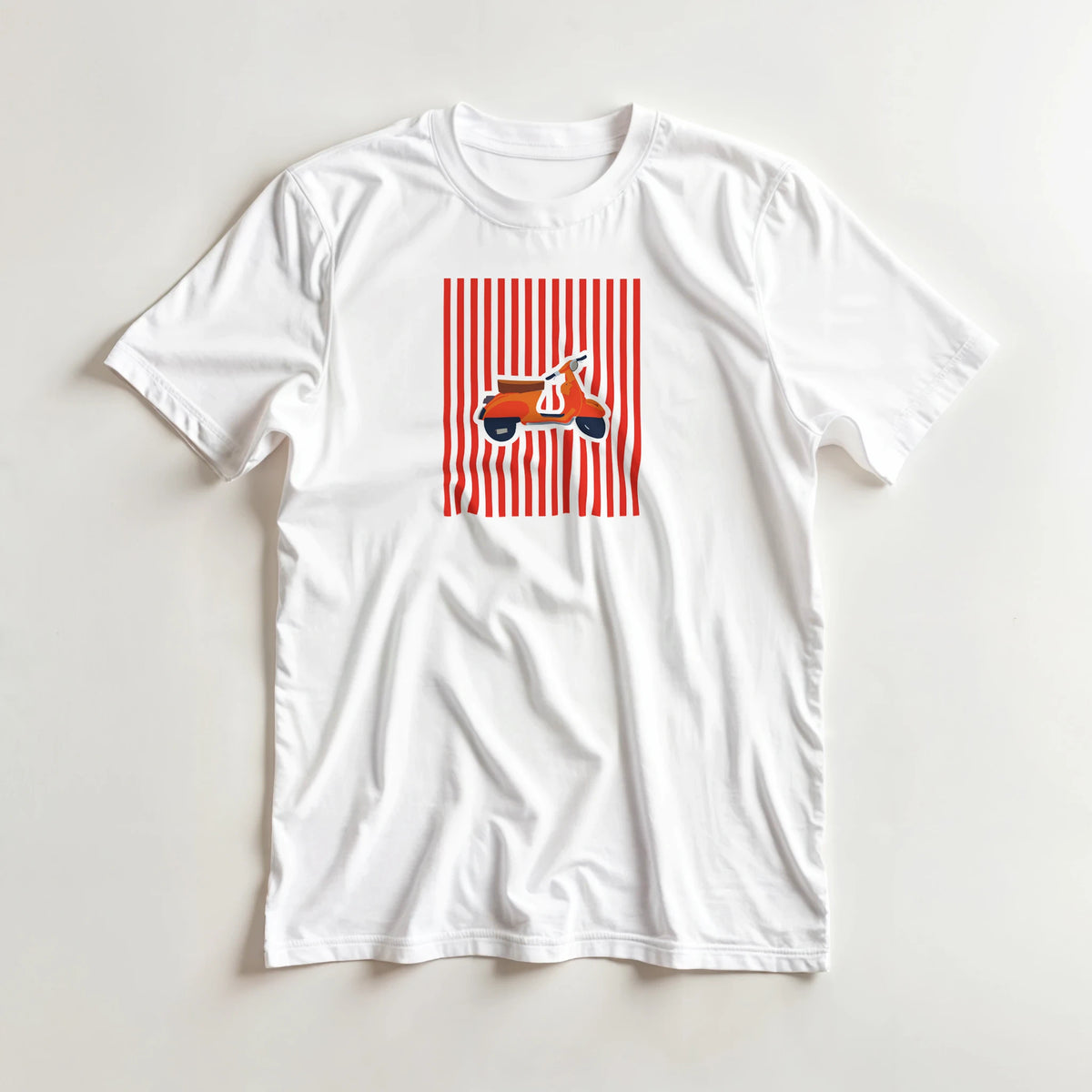 White t-shirt featuring a retro orange scooter graphic on red and white vertical stripes for vintage mod streetwear.