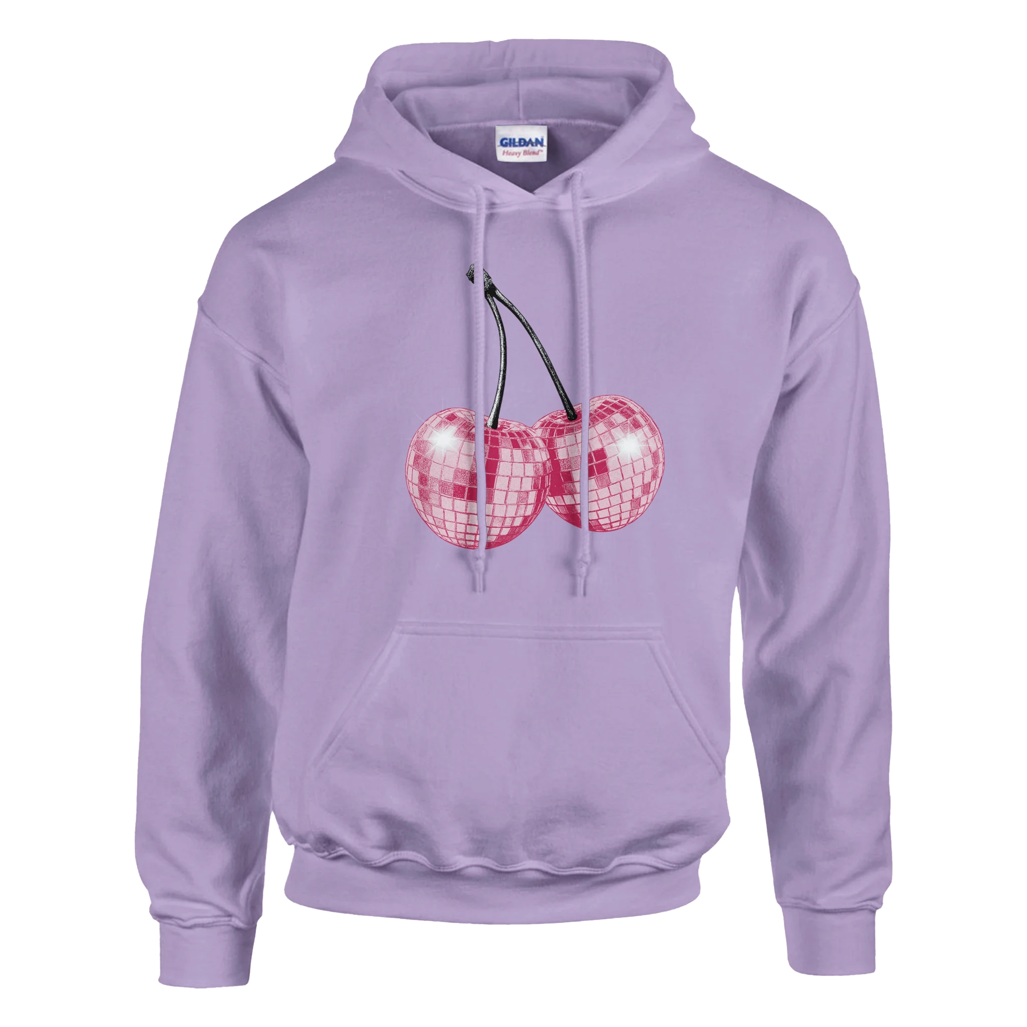 Lavender Glitter Ball Cherries Jumper: women's graphic hoodie with pink disco-ball cherries, hood and front pocket.