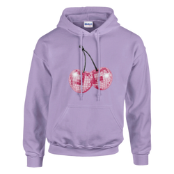 Lavender Glitter Ball Cherries Jumper: women's graphic hoodie with pink disco-ball cherries, hood and front pocket.