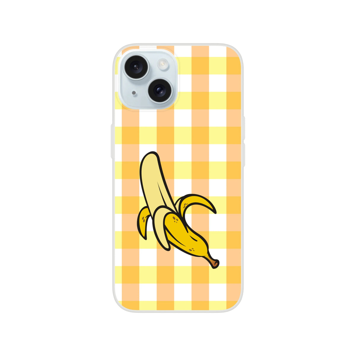 Banana gingham iPhone case for 13-16 in yellow aesthetic with a bold banana graphic on checker pattern.