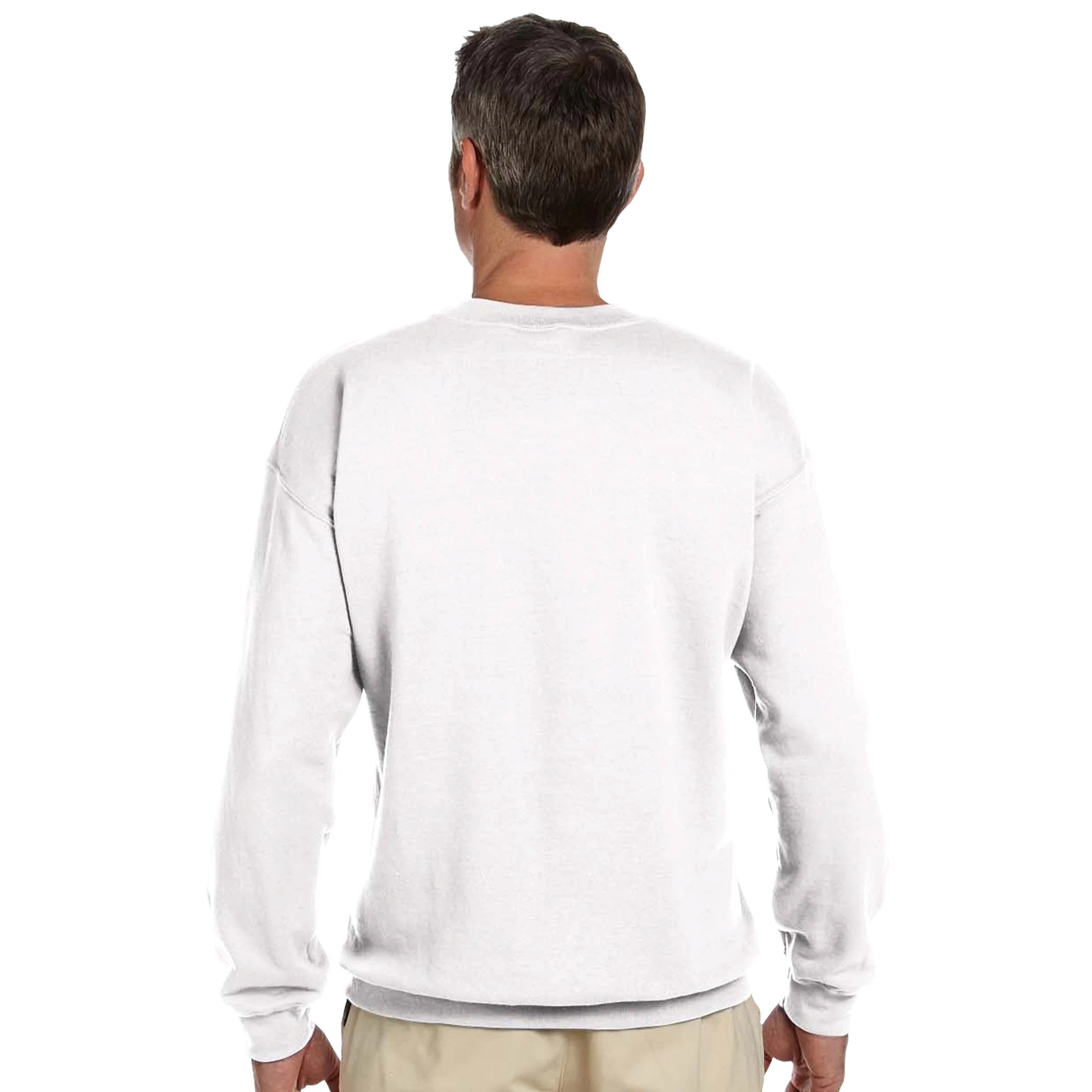 Back view of a man wearing a white DJ Club men's graphic sweatshirt, cotton-poly blend, sizes S to XL.