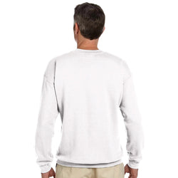 Back view of a man wearing a white DJ Club men's graphic sweatshirt, cotton-poly blend, sizes S to XL.