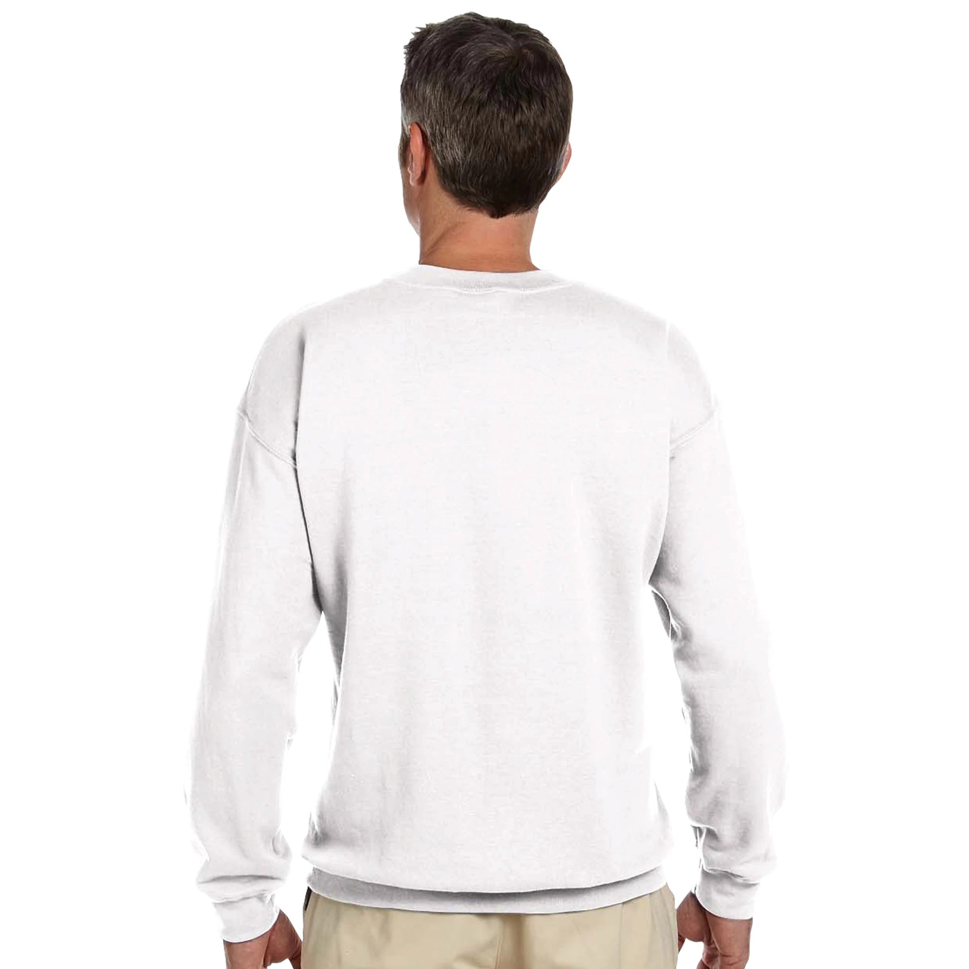 Man wearing a white men's graphic sweatshirt on a white background