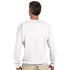 Back view of a man wearing a white DJ Club men's graphic sweatshirt, cotton-poly blend, sizes S to XL.