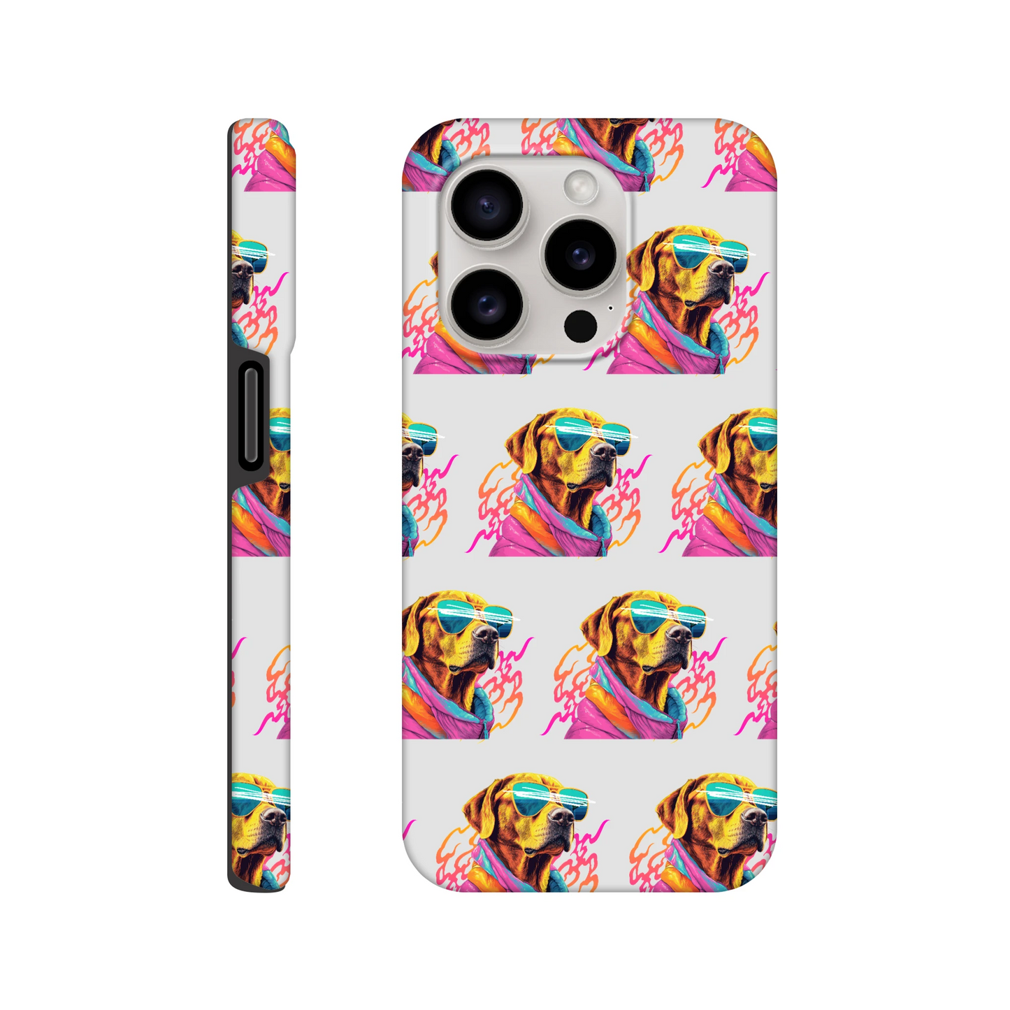 Cool dog phone case with glossy dual-layer wraparound print for iPhone 16-13, dog wearing sunglasses.