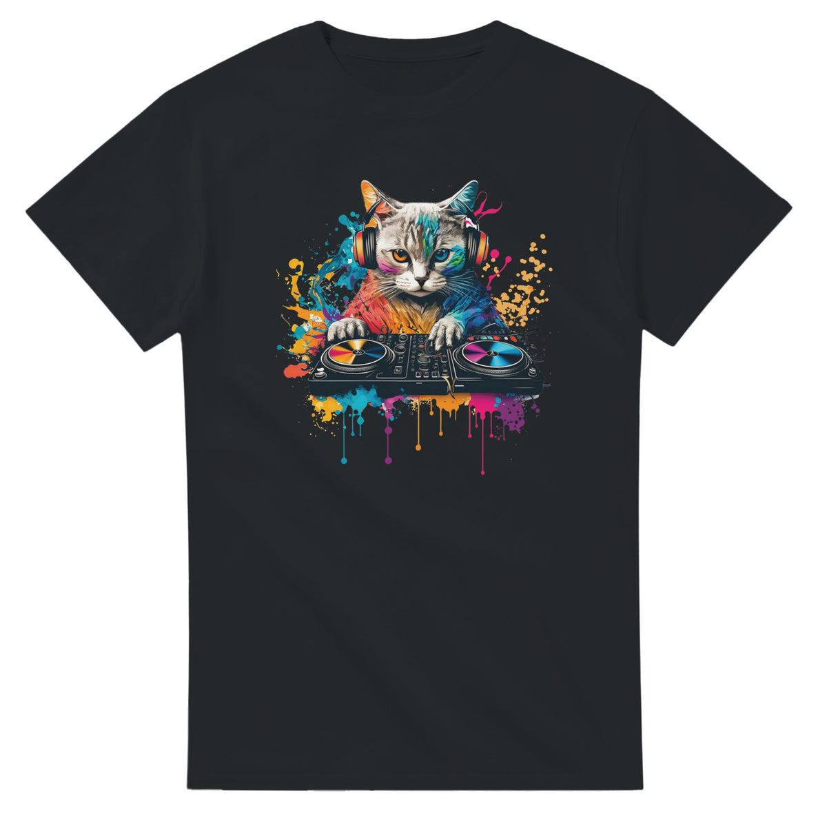 Black Cat DJ graphic tee featuring a colorful cat wearing headphones and a DJ controller.