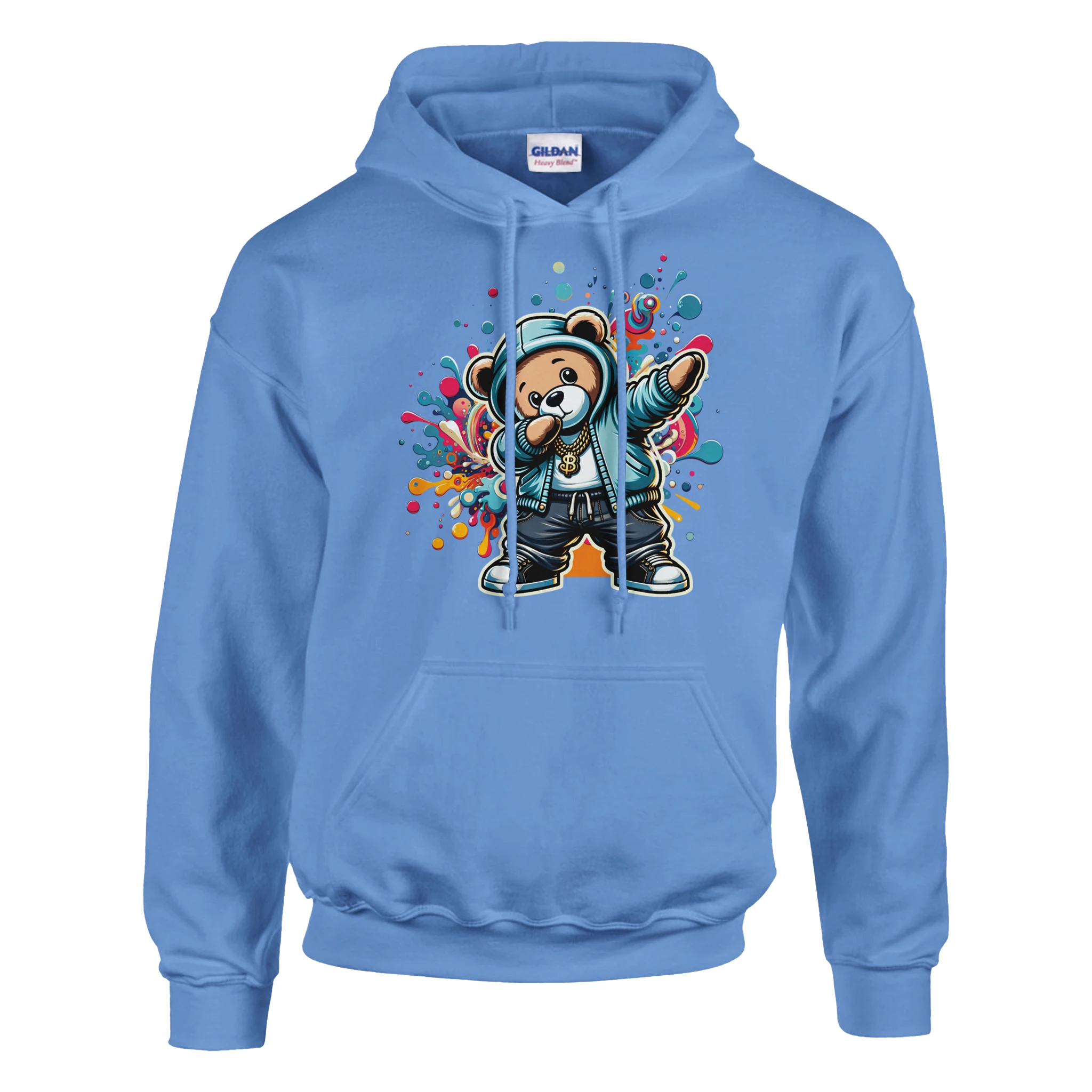 Blue men's Dab Teddy Bear Hoodie featuring a colorful graffiti bear graphic in a 50/50 cotton-poly blend.