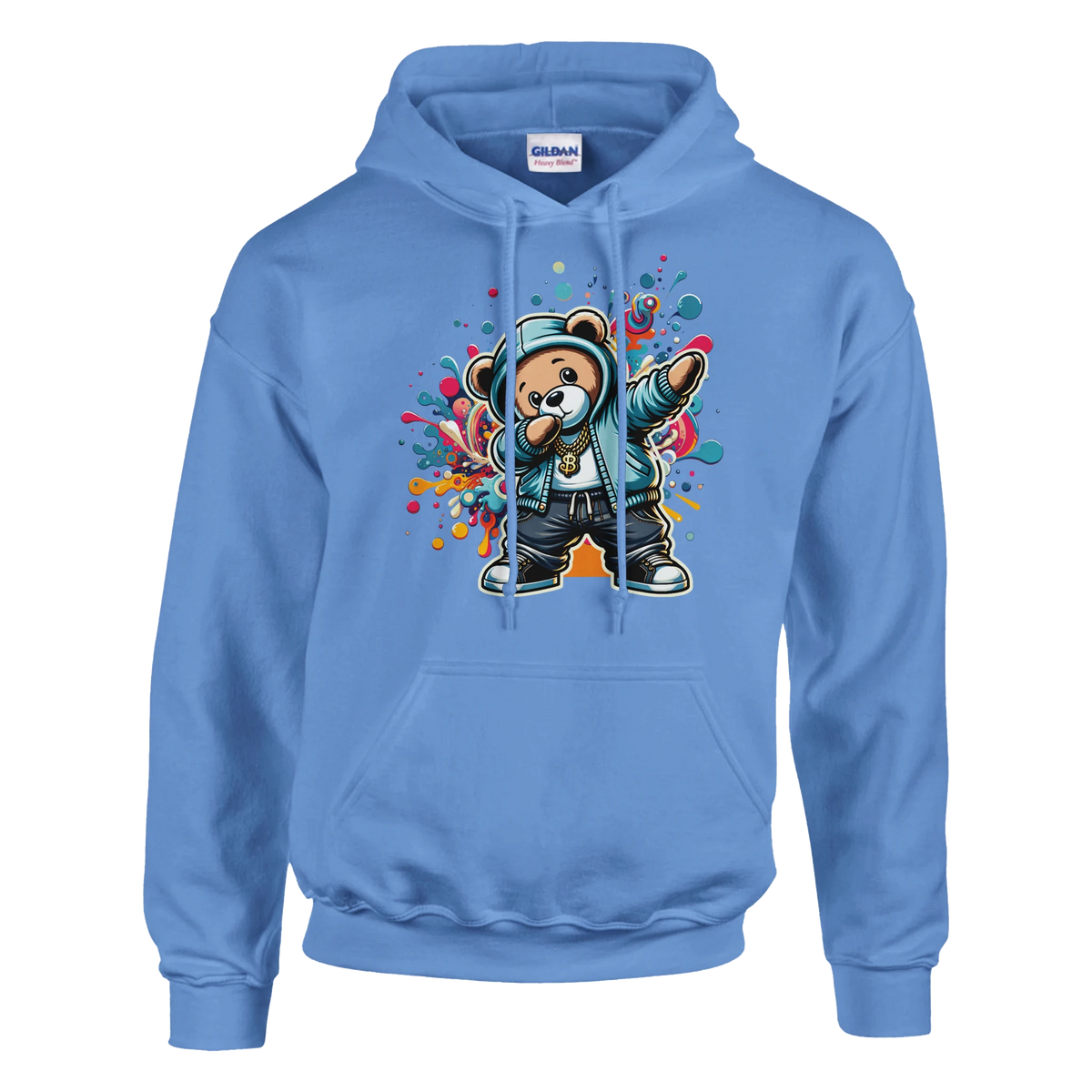Blue men's Dab Teddy Bear Hoodie featuring a colorful graffiti bear graphic in a 50/50 cotton-poly blend.