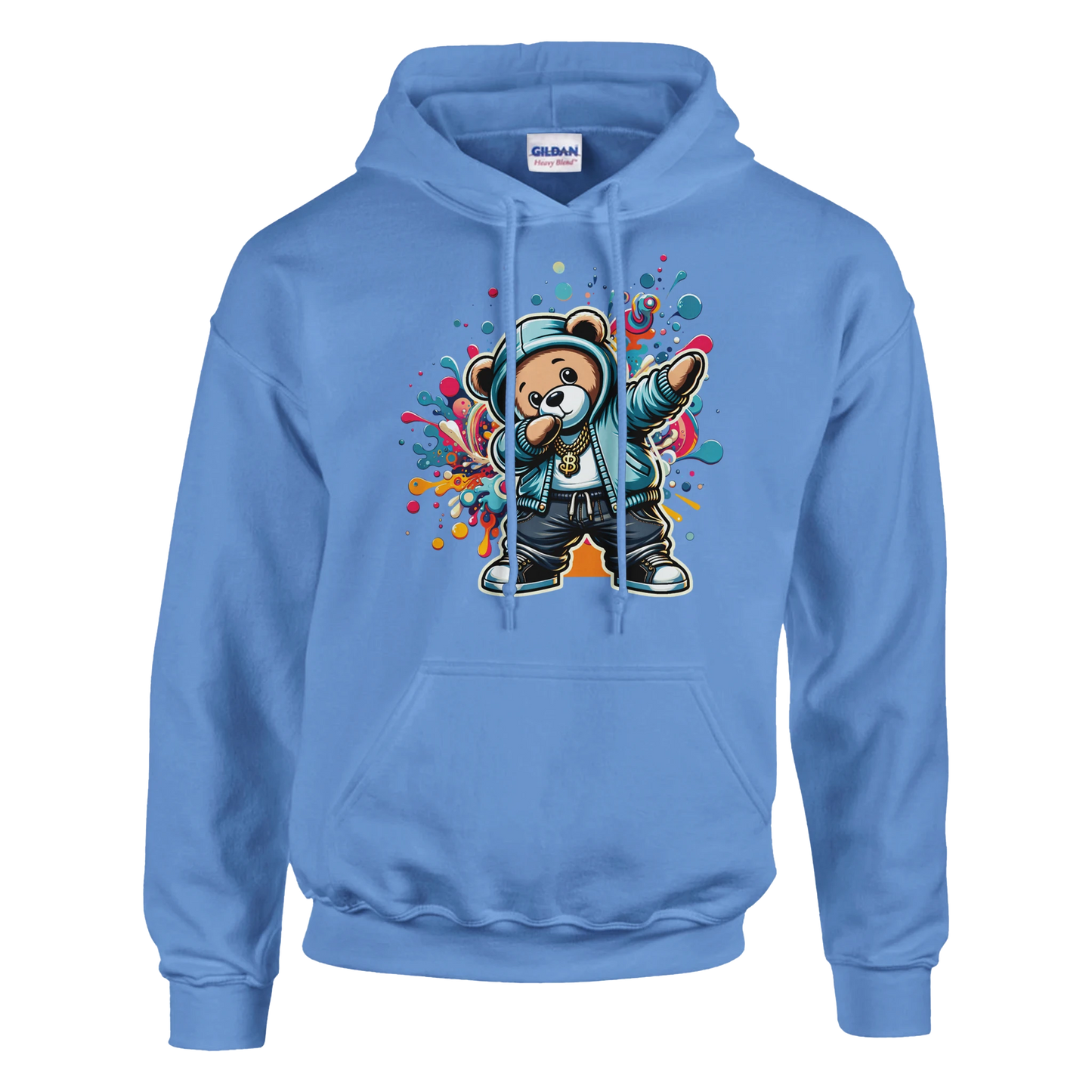 Blue men's teddy bear hoodie with a bear graphic and colorful design on a white background