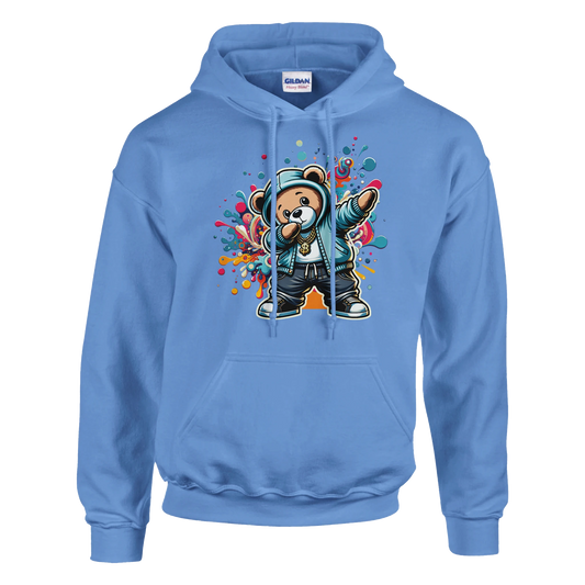 Blue men's teddy bear hoodie with a bear graphic and colorful design on a white background
