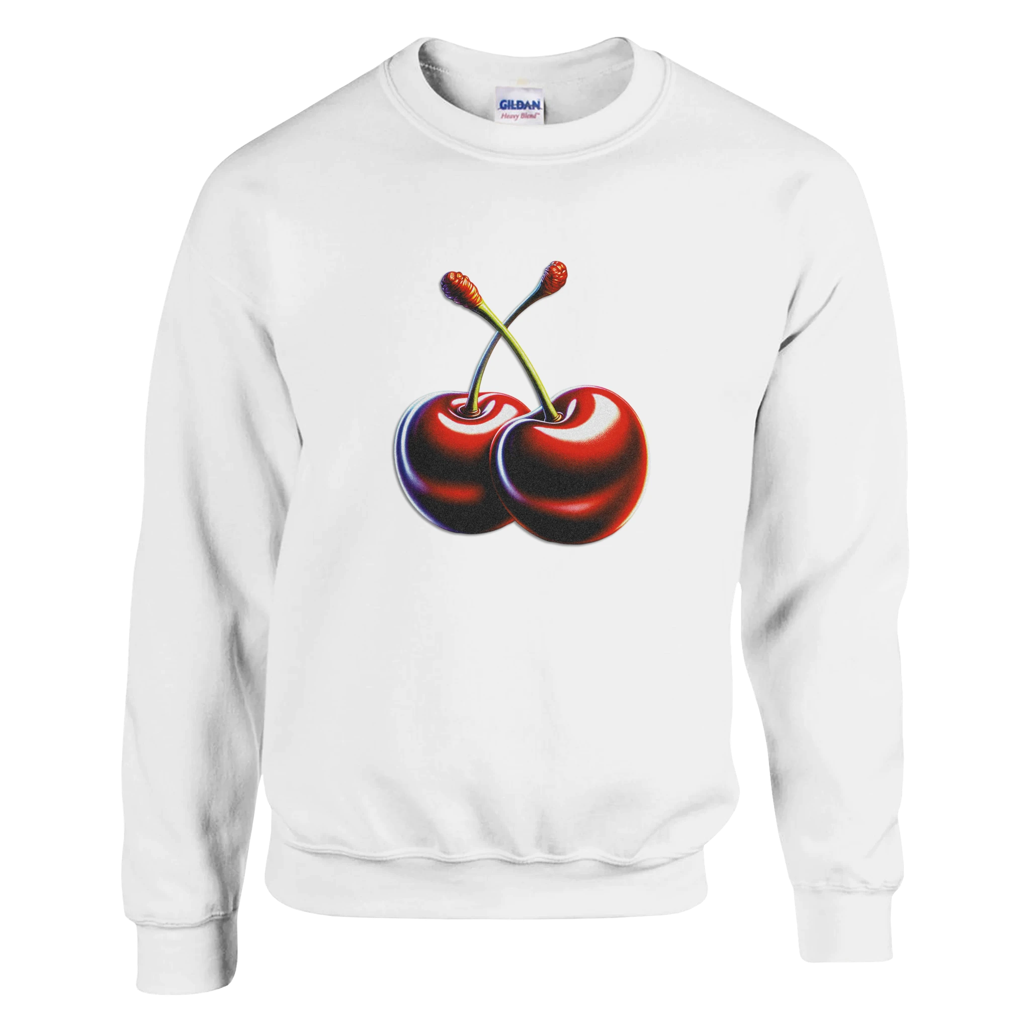 White sweatshirt with a bold red two-cherry graphic on the chest.