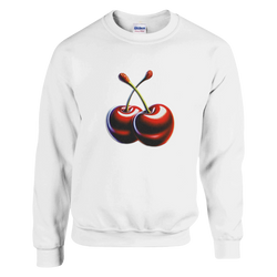 White sweatshirt with a bold red two-cherry graphic on the chest.