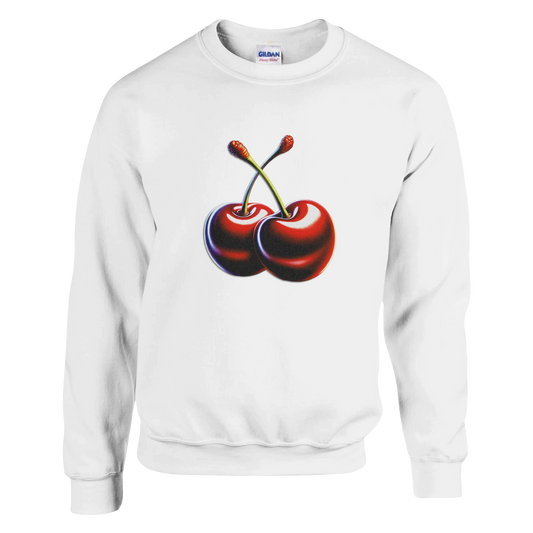 White sweatshirt with a bold red two-cherry graphic on the chest.