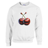 White sweatshirt with a bold red two-cherry graphic on the chest.