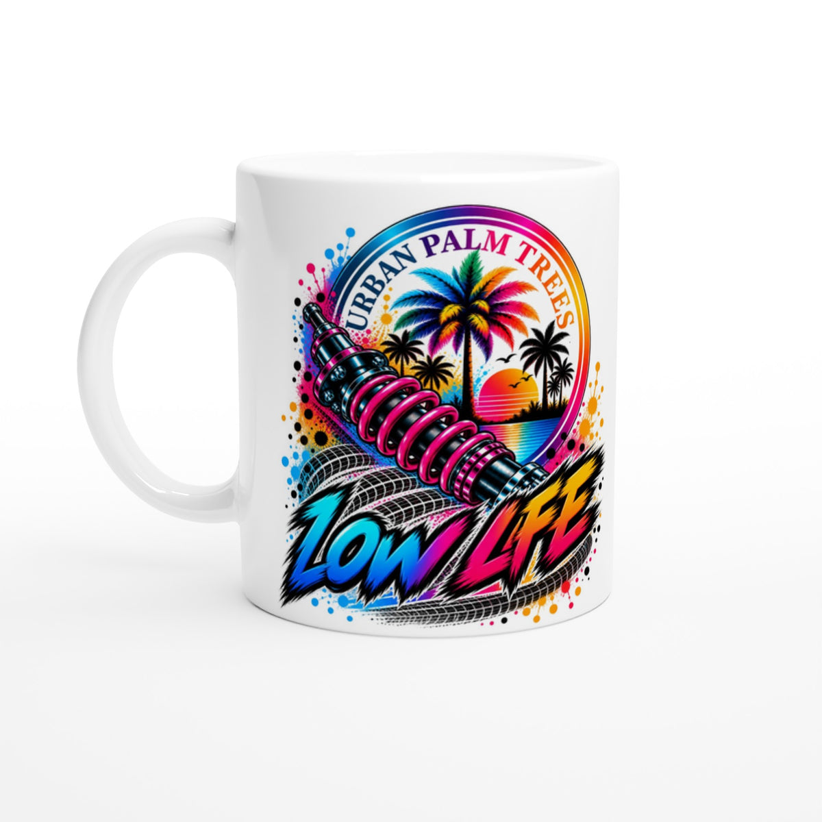 Low Life petrolhead mug with shock absorber and palm tree art. Car enthusiast coffee cup for home, office, or gifting.