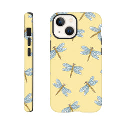 Yellow iPhone case featuring a blue and gold dragonfly pattern on a pale yellow background. Tough shell design with black edges for drop protection.