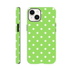 Green & white polka dot tough iPhone case with glossy finish and shock-absorbing TPU core for drop protection on iPhone 13-16 models.