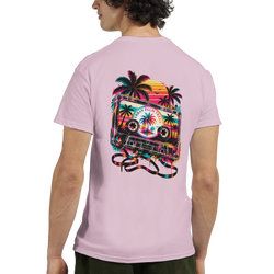 Pink men's tee back featuring retro cassette tape with palm trees and vibrant sunset graphic design.