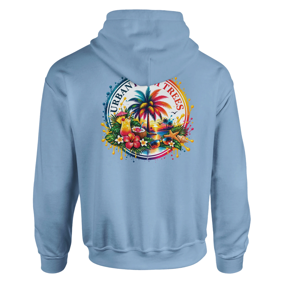 Light blue hoodie featuring a vibrant retro tropical back print with a palm tree, sunset, cocktails, hibiscus, and starfish.