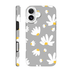 Grey tough iPhone case featuring white daisy floral pattern with yellow centers on a utilitarian grey background.