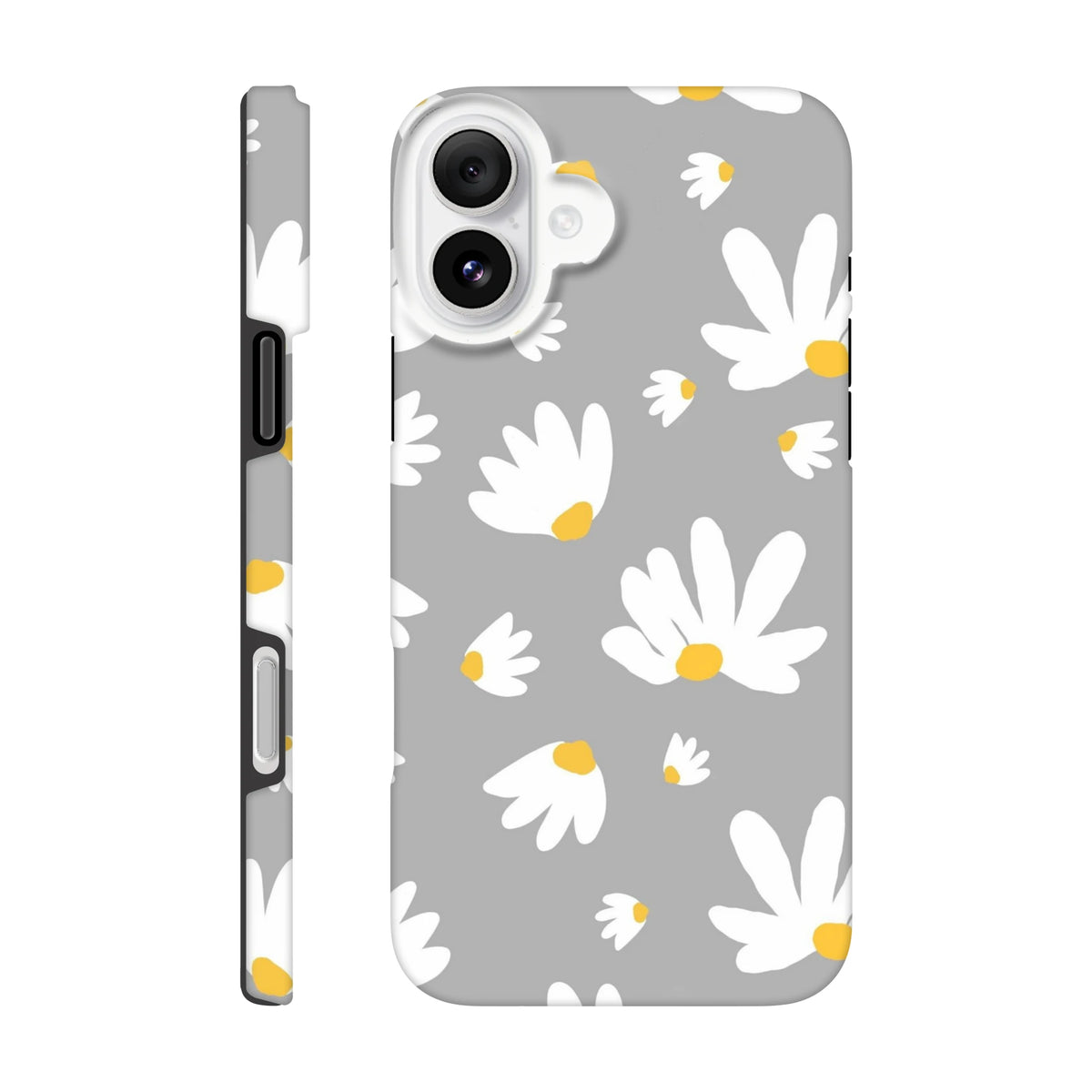 Grey tough iPhone case featuring white daisy floral pattern with yellow centers on a utilitarian grey background.