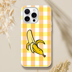 Yellow banana-gingham iPhone case for 13-16, bold streetwear-inspired protective cover.