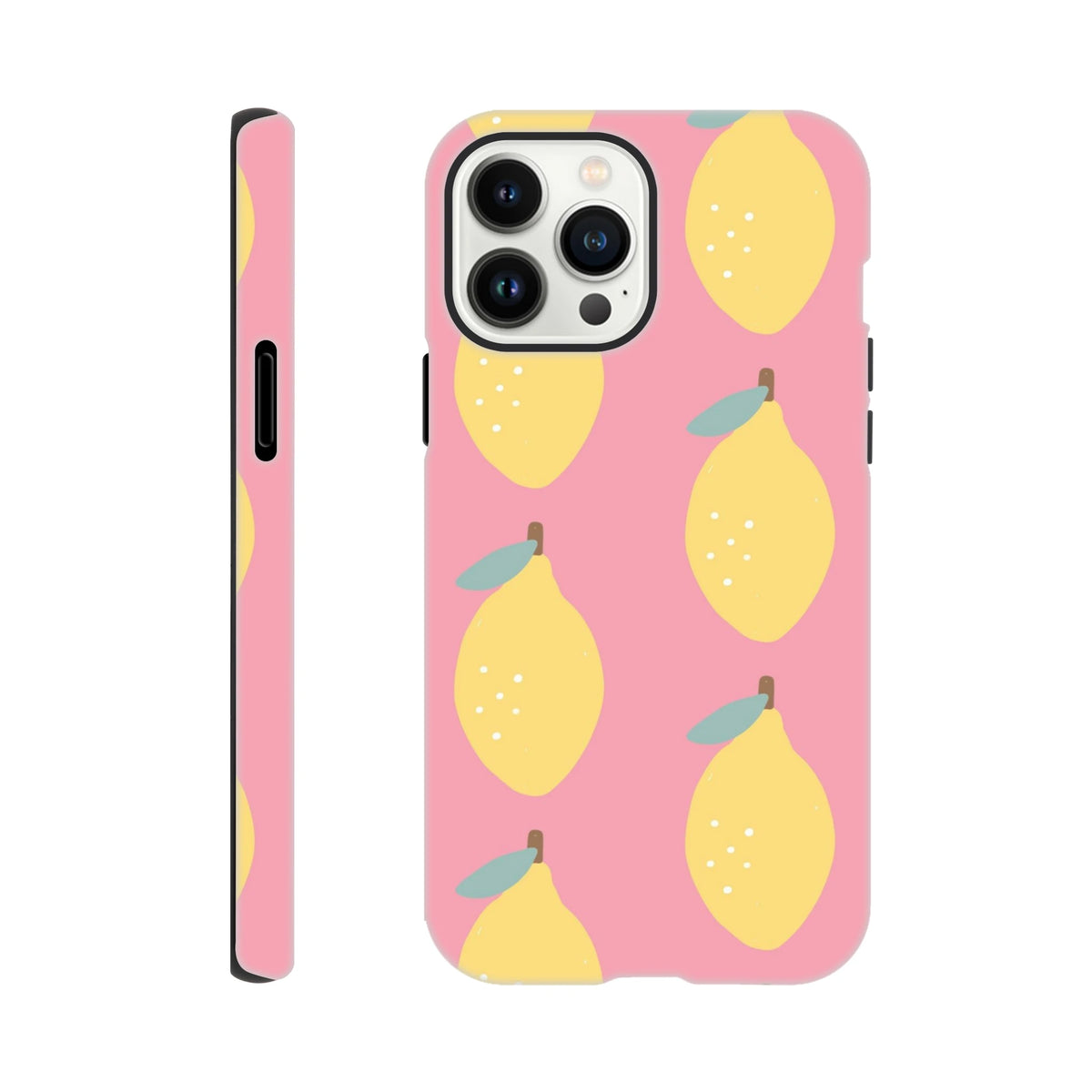 Pink iPhone case featuring a cute yellow lemon fruit pattern on a soft pink background with protective side bumper.