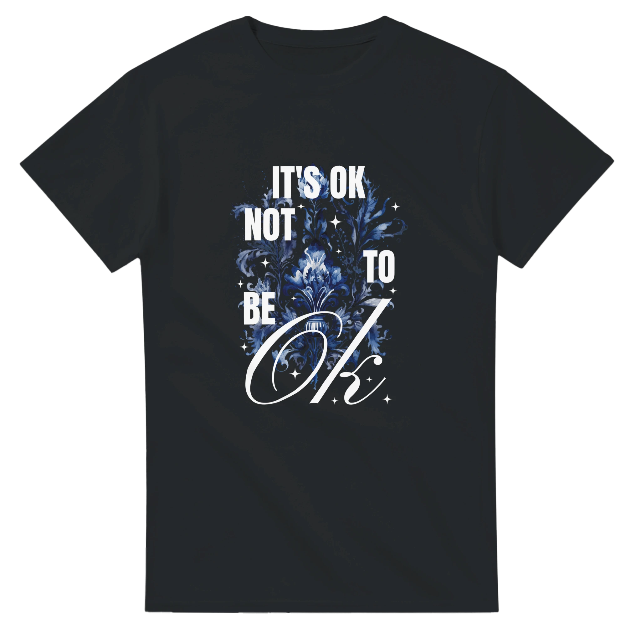 Black cotton-blend T-shirt with blue floral graphic and 'It's OK Not To Be OK' slogan.