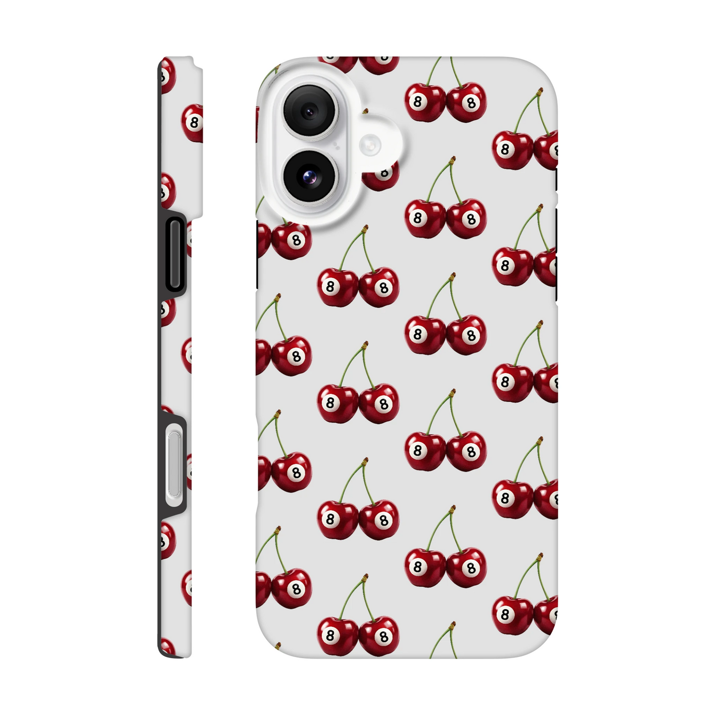 Lucky Cherries tough protective case with dual-layer wraparound cherry print for iPhone 16, 15, 14, 13, glossy finish.