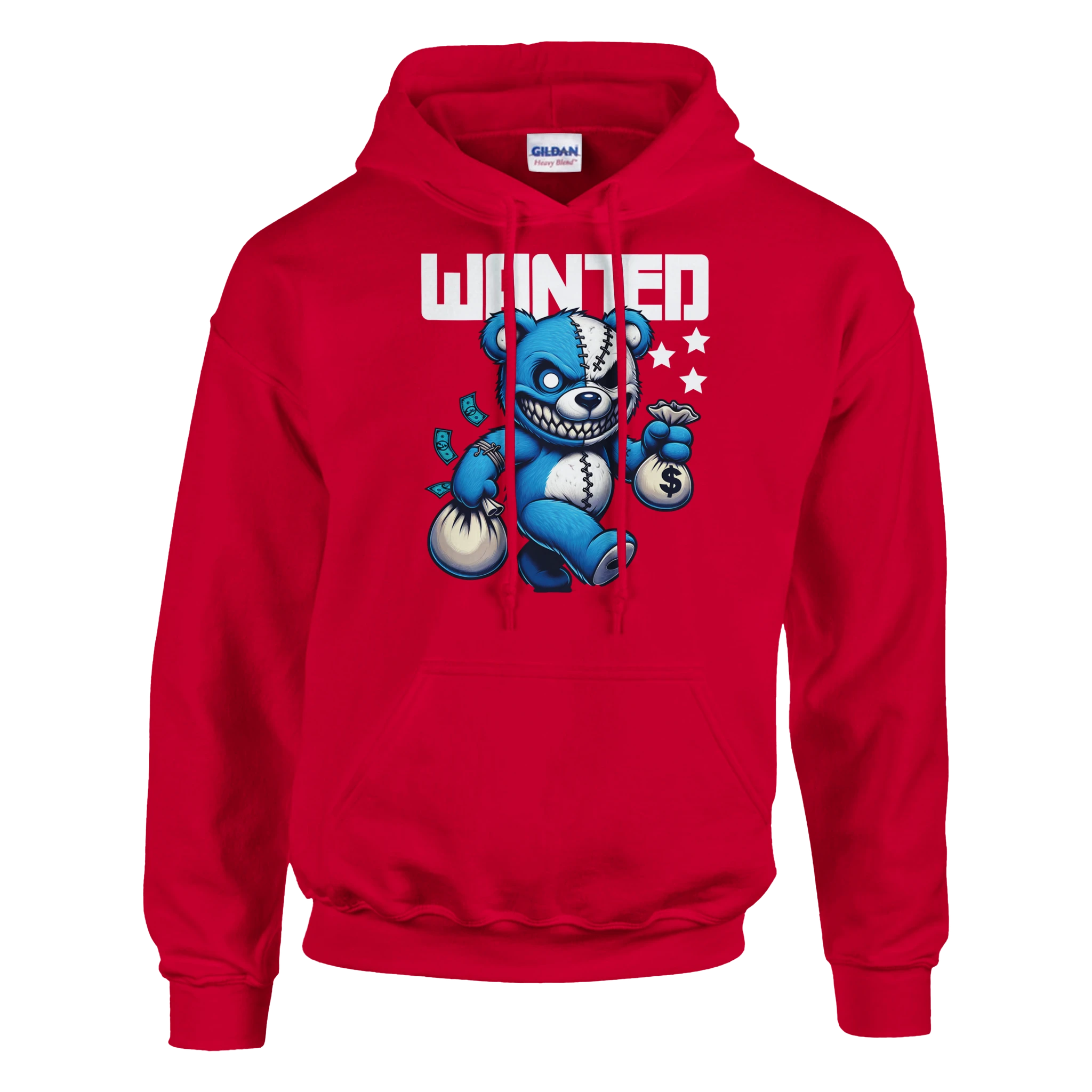 Red men's Wanted Teddy Bear Hoodie with blue bear holding money bags and stars under 'WANTED'.