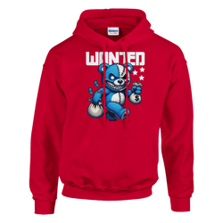 Red men's Wanted Teddy Bear Hoodie with blue bear holding money bags and stars under 'WANTED'.