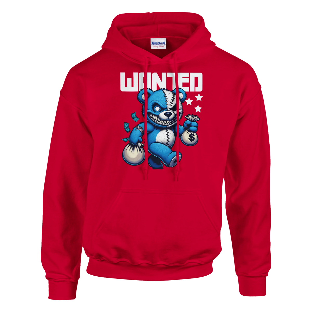 Red men's Wanted Teddy Bear Hoodie with blue bear holding money bags and stars under 'WANTED'.