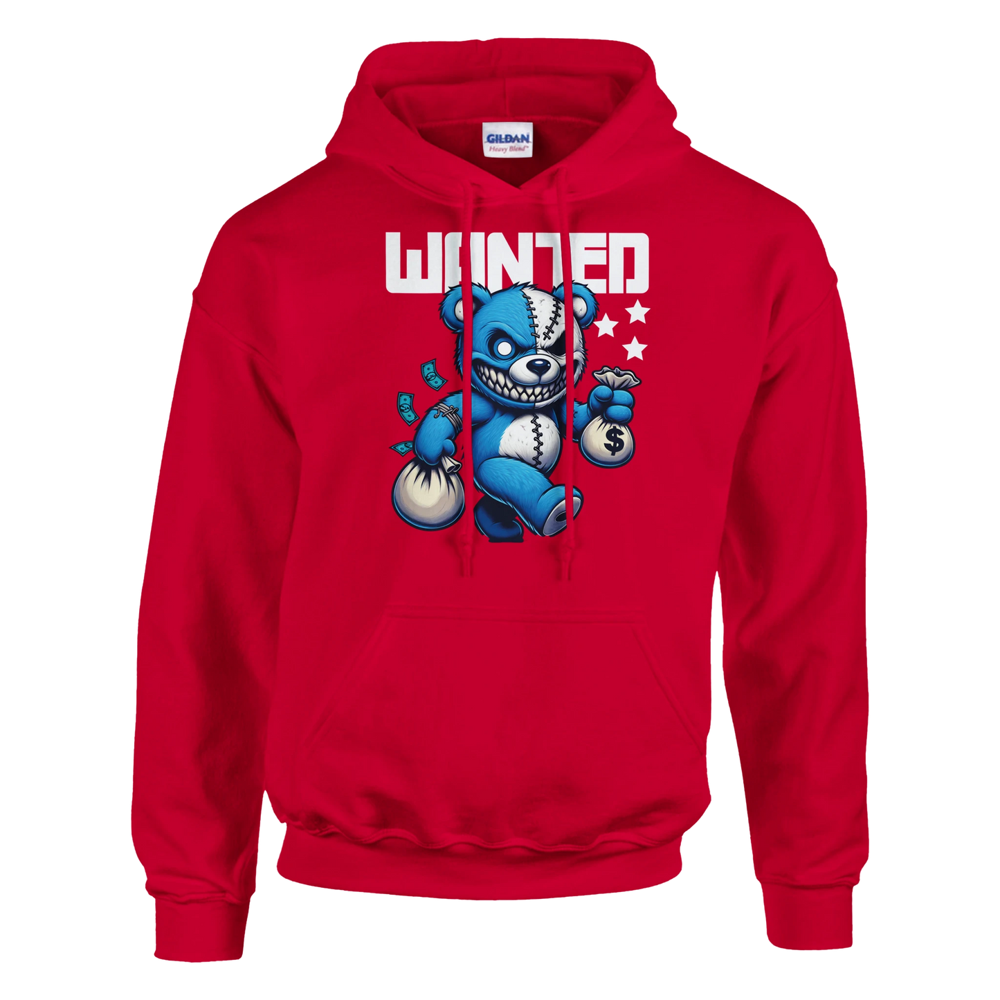 Red men's teddy bear hoodie with a blue teddy bear graphic and 'WANTED' text on a white background
