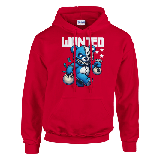 Red men's teddy bear hoodie with a blue teddy bear graphic and 'WANTED' text on a white background