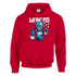 Red men's Wanted Teddy Bear Hoodie with blue bear holding money bags and stars under 'WANTED'.