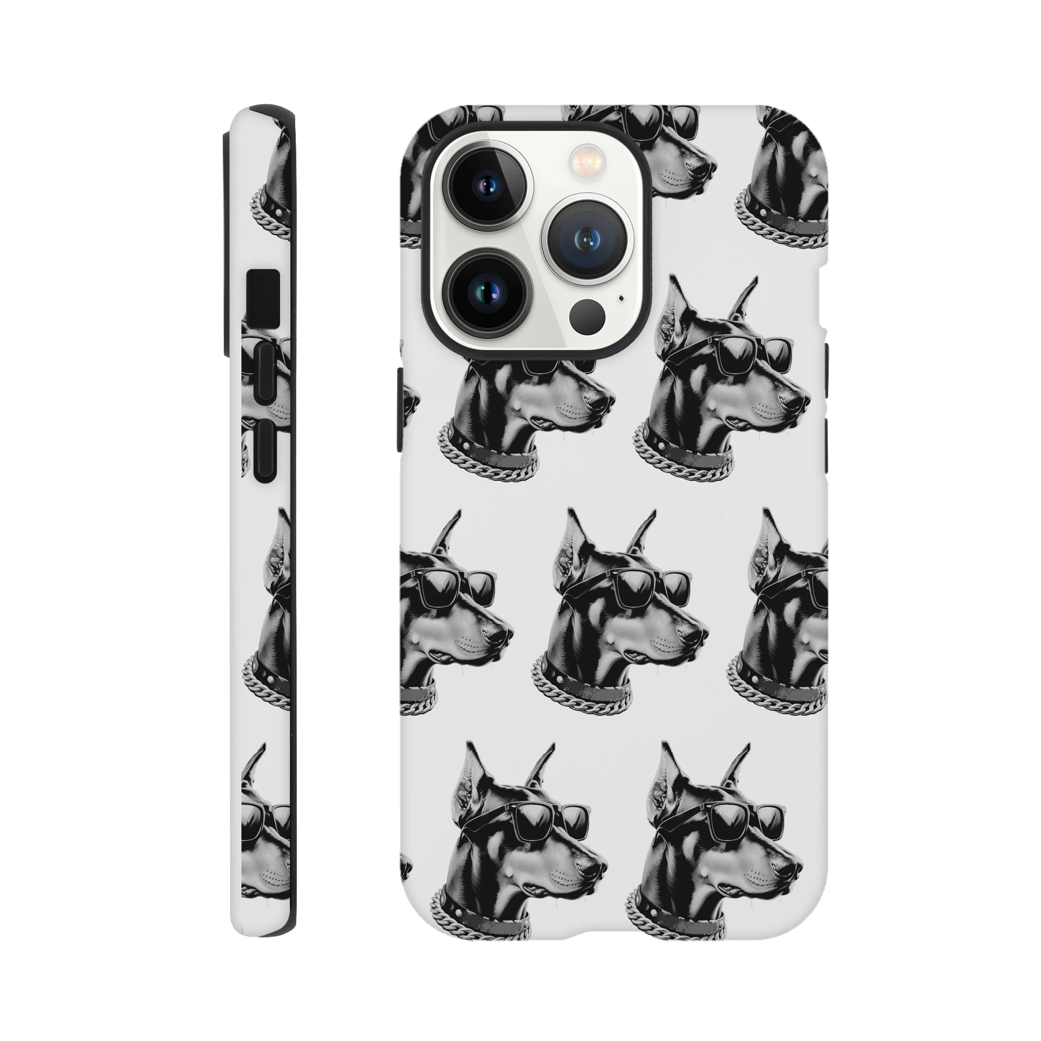 Gangster Dog iPhone case for 16/15/14/13 double-layer wraparound print of grayscale Doberman with sunglasses and chain.