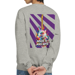 Gray men's sweatshirt back featuring colorful electric guitar art, purple stripes, and Made to Make Noise text.