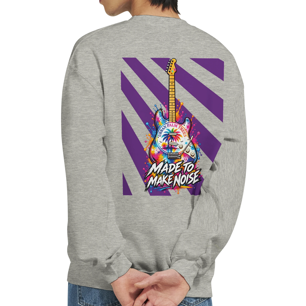 Gray men's sweatshirt back featuring colorful electric guitar art, purple stripes, and Made to Make Noise text.