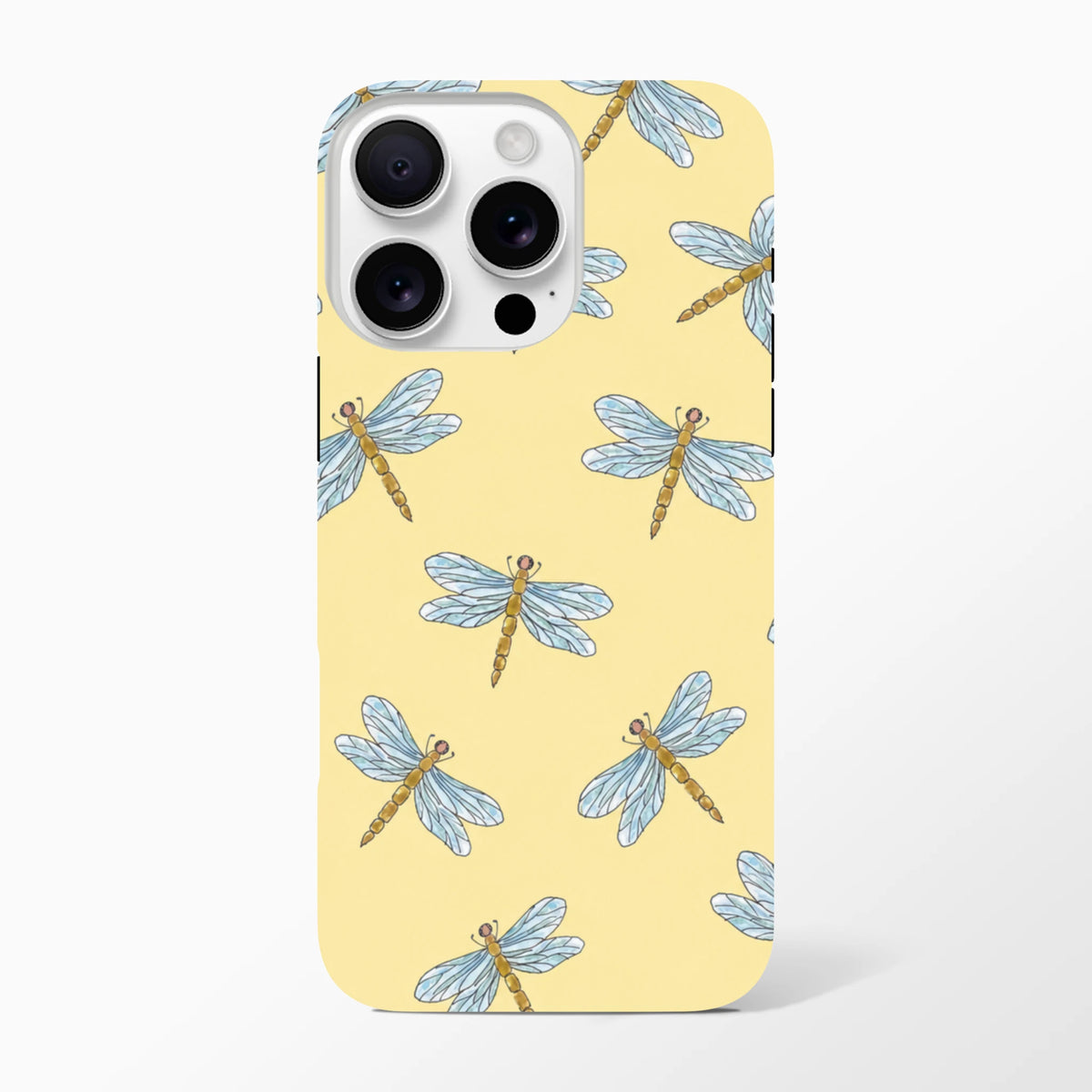 Yellow iPhone case featuring a pattern of blue-winged dragonflies on a pale yellow background for drop protection.