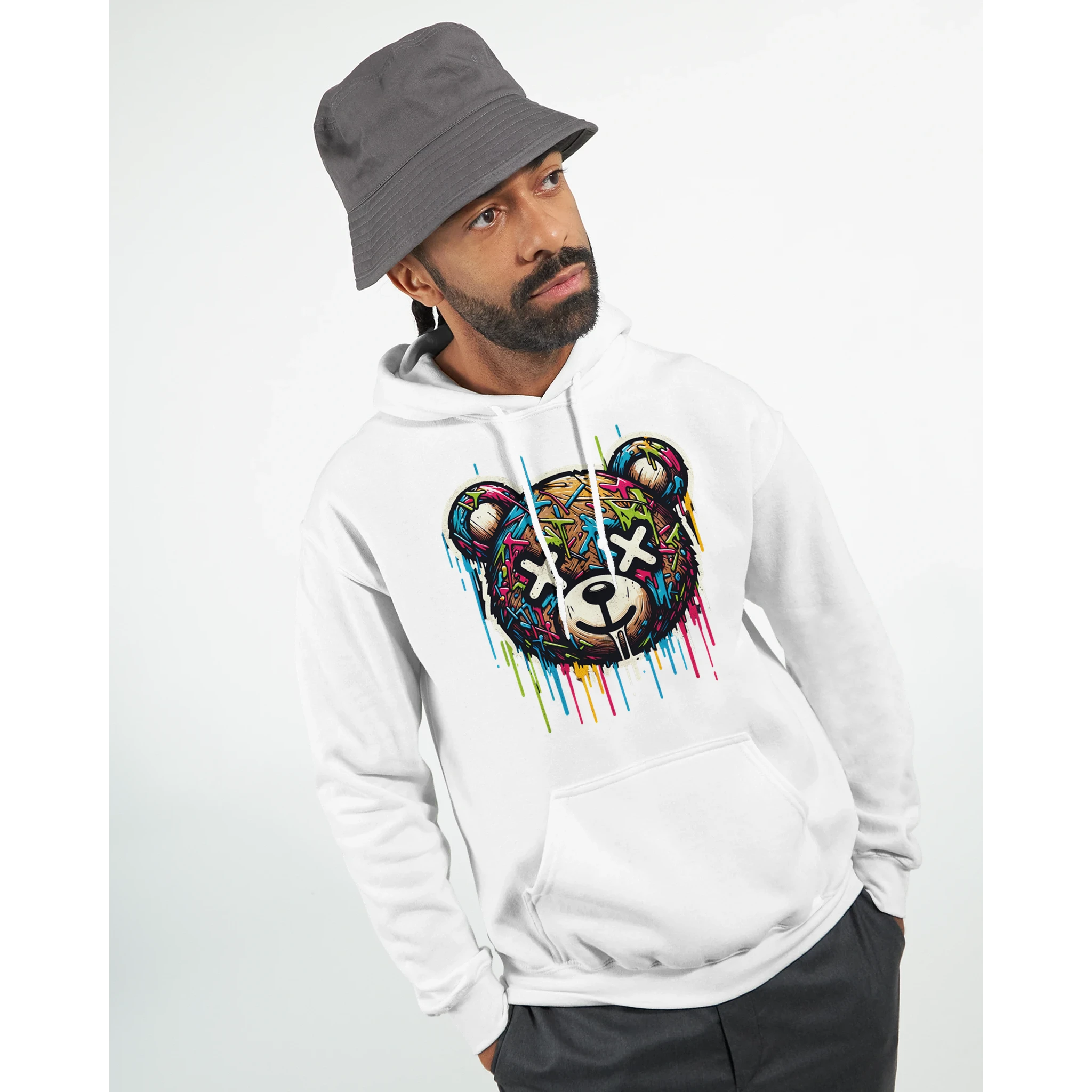 Man modeling Men's Teddy Bear Hoodie in white cotton blend with a colorful dripping bear graphic; sizes S to XL.