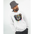 Man modeling Men's Teddy Bear Hoodie in white cotton blend with a colorful dripping bear graphic; sizes S to XL.