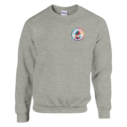Grey crewneck sweatshirt featuring a colorful circular Urban Palm Trees logo with a retro palm tree graphic on the left chest.